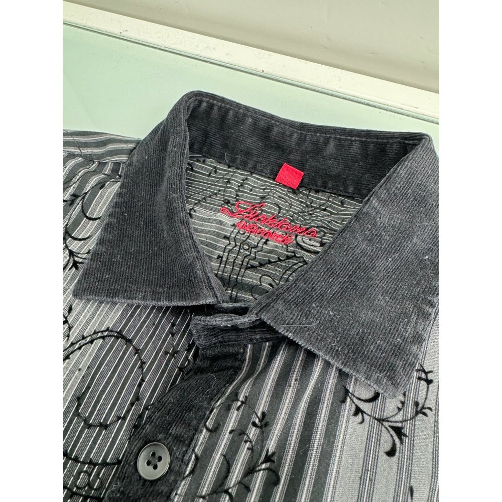 Luchiano Visconti Men Shirt Corduroy Trim Flip Cuff Paisley Textured Button Up M - Picture 2 of 10